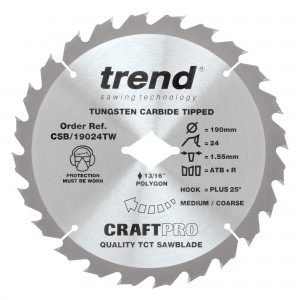 TREND CSB19024TW CRAFT SAWBLADE 190MM X 24 TEETH X 5/8 THIN WORMDRIVE