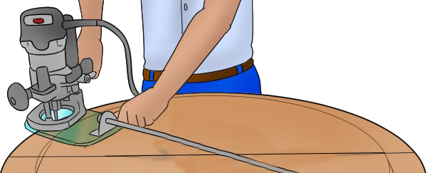 Cutting out a circle or arc with a router and a beam trammel 