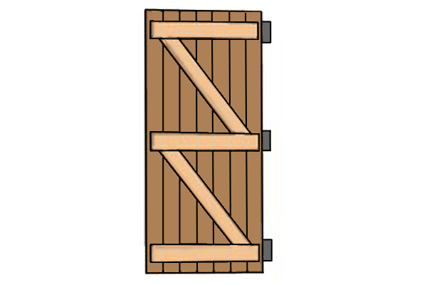 A door with horizontal reinforcing bars (ledges) supported by diagonal reinforcing bards (braces)
