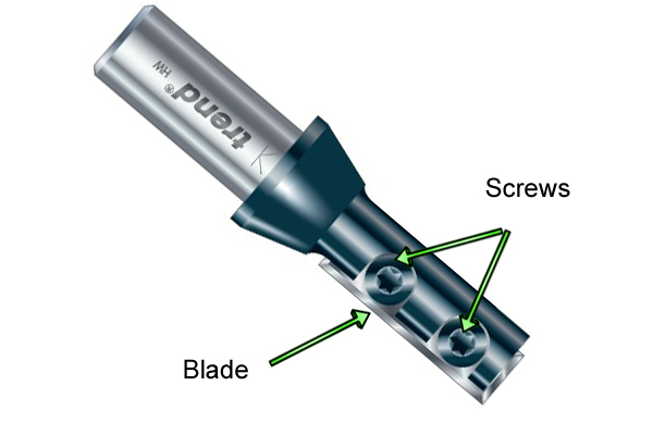 A replaceable tip bit with the blade and retaining screws labelled