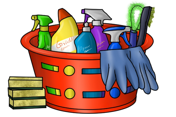 Basket of cleaning supplies, cleaning solution, cleaning brush, sponge, spray