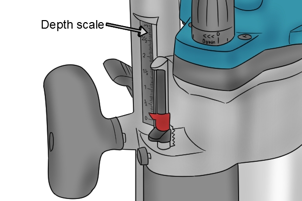 Depth scale of plunge router, router bit height adjustment
