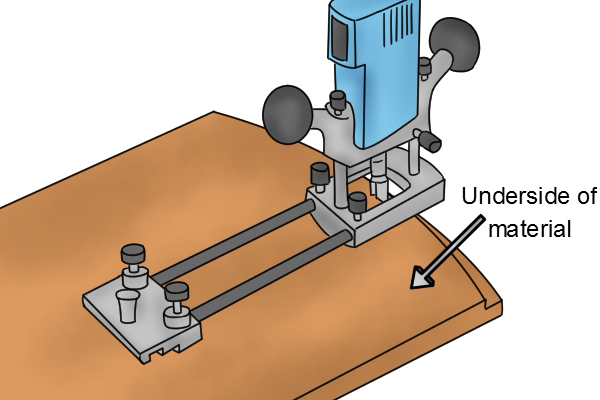 Routing on underside of material, using beam trammel with router