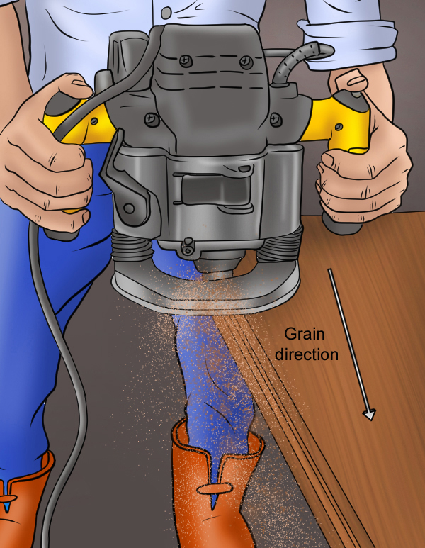 Routing with the grain, routing in wood, using hand-held router, grain direction 