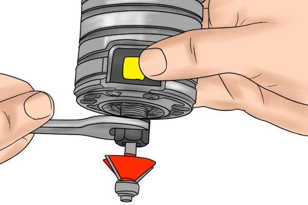 Collet wrench or spanner, steel sleeve, grip router bit shank, shaft and nut