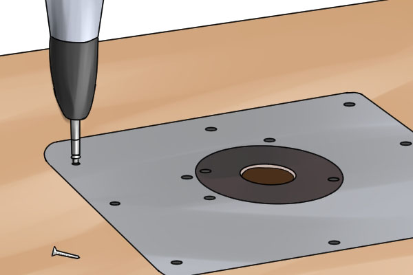 Securing insert plate to router table with mounting screws, tightening screws to secure insert plate to table