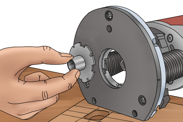 Fitting guide bush to baseplate of router, installing guide bush