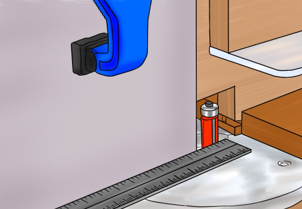 Aligning left-hand sub-fence with router bit, positioning outfeed fence face, shimming adjustable router table fence