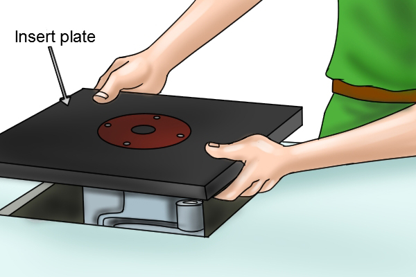 Insert plate without screws, positioning insert plate and router in central hole of router table