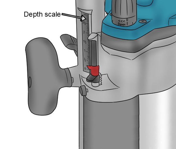 Adjust router bit height using depth scale, router bit height adjustment scale