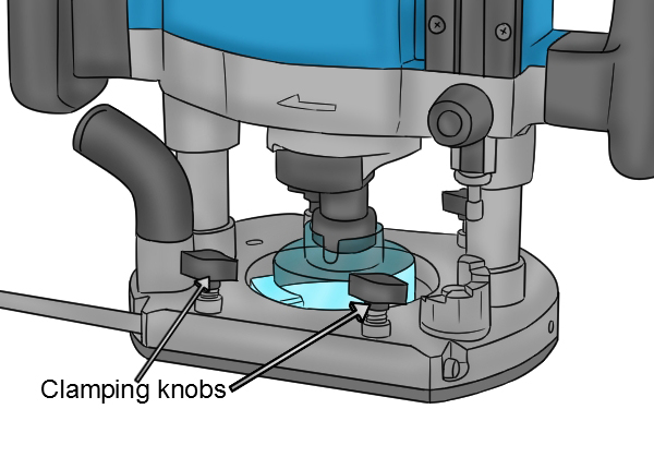 Secure router and beam trammel in position with clamping knobs