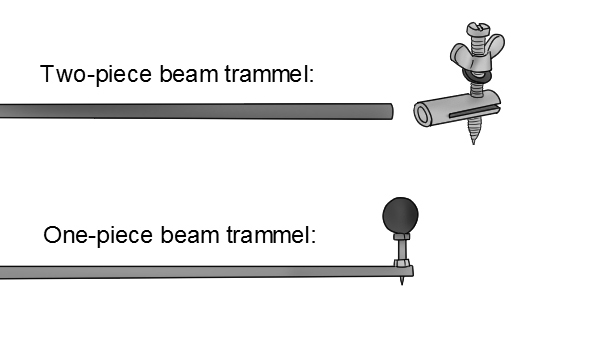 One-piece beam trammel and two-piece beam trammel, beam trammels