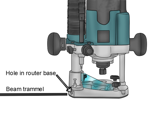 Insert beam trammel into base of router, installing beam trammel