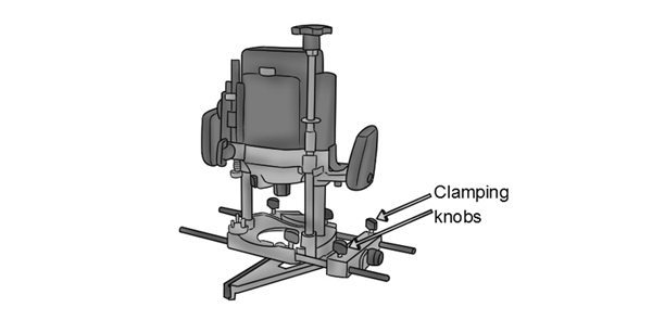 Router guide fence clamping knobs, guide fence installed in router base