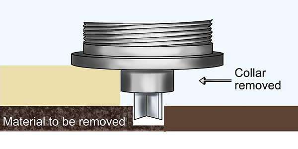 Routing inlay insert with guide bush collar removed, cutting inlay insert