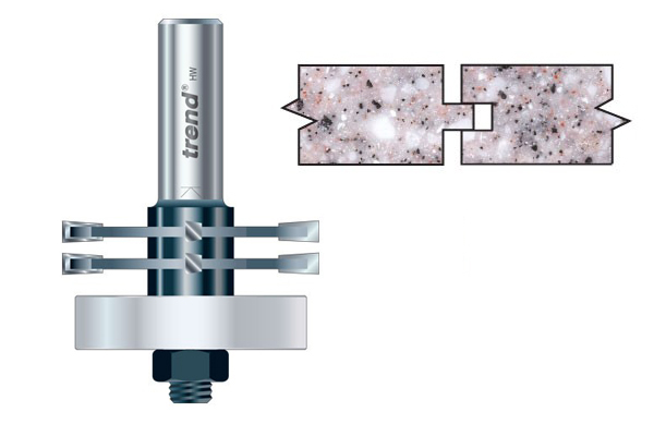 Tongue and groover sets of router cutters are used for joining two pieces of solid surface together in worktop construction, in a similar way to tongue and groove floorboards.