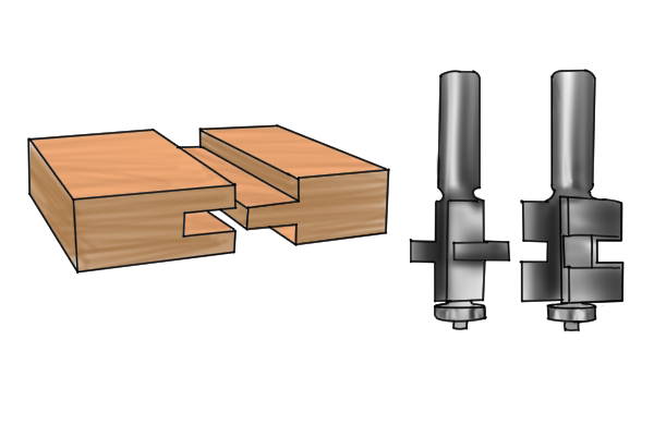joint making bit pair with mating sections and an example of the woodworking joint 