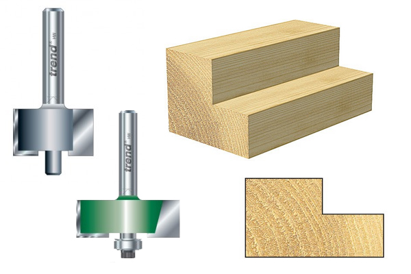 Woodworking cutter for rebating and an example of the 'rebate' that they cut onto the edge of a workpiece