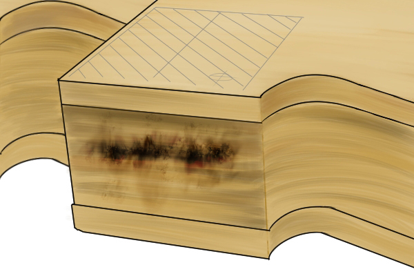 A wooden workpiece that has been burned due to friction from a router cutter guide
