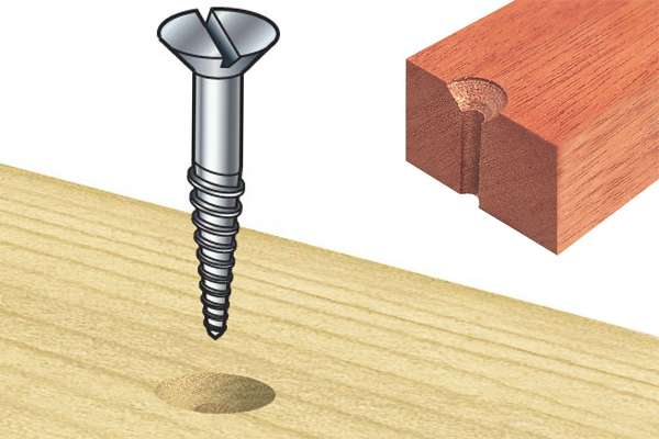 Routing holes for countersunk screws with a drilling bit