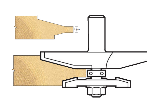 Diagram showing how to measure the thickness of the tongue that a raised panel router cutter will create