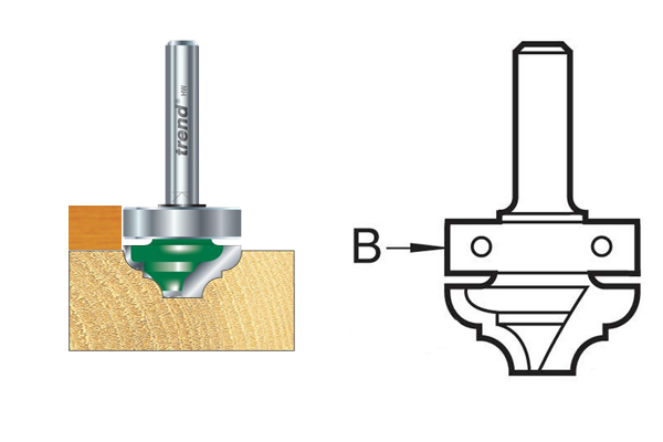 Diagram showing the location of the shank-mounted bearing guide on a panel moulding router cutter