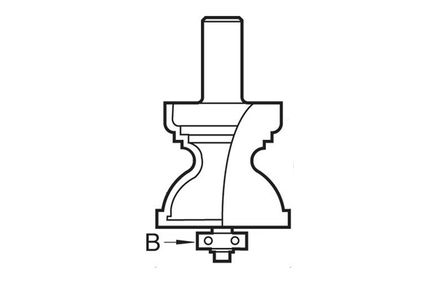 Diagram showing the location of the guide on an edge moulding router cutter