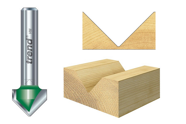 A standard V-groove router cutter and a diagram of the profile of V-groove it can cut