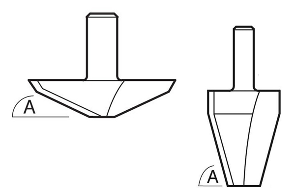 Diagram showing how to measure the angle of the cutting edge on a raised panel router cutter