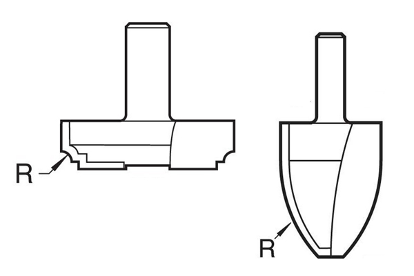 Diagram showing how to measure the radius of the cutting edge on a raised panel router cutter