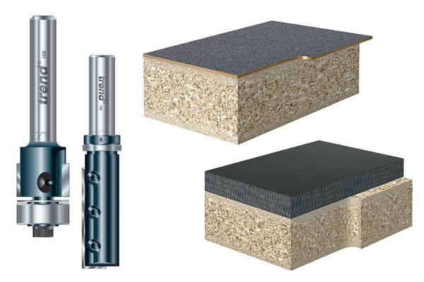 Rota-tip trim and profile bits and examples of the type of work they can do on laminated workpieces