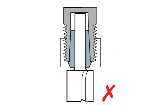 Shank of a TREND router cutter inserted incorrectly into collet as it is pushed in too far