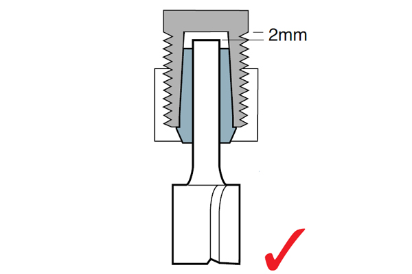 A TREND router cutter shank with a 2mm gap between its end and the end of the armature recess