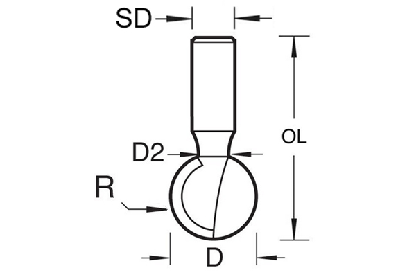 Dimensions of a ball groover router cutter