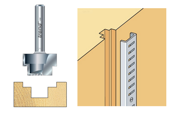 A tonk strip recesser router cutter and examples of the shape of groove it creates in a wooden workpiece