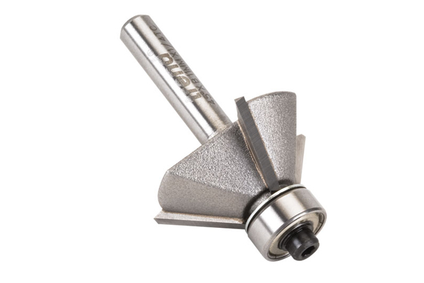 A chamfer router cutter with a bearing guide attached to the tip