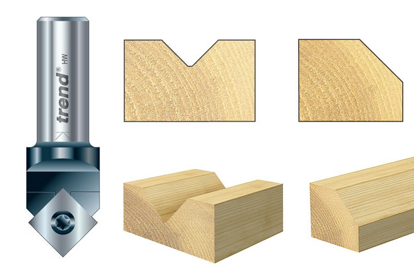 A replaceable tip V-groove bit and an example of the shape of cut it makes on a workpiece