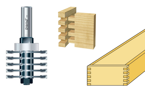 A comb jointer router cutter and an example of the joint it can make