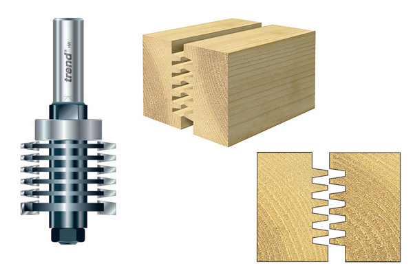 A finger jointer router cutter and an example of the type of joint it can create