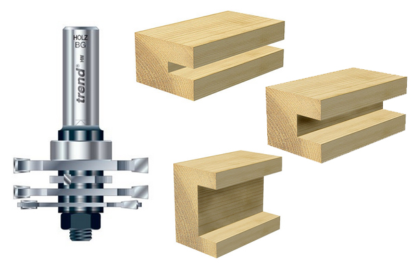 A quad groover router cutter with an illustration that it can be used to cut channels of varying widths into a workpiece