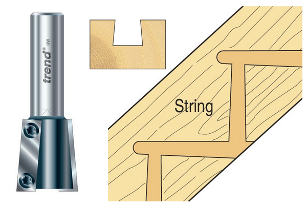 A Rota-tip stair housing cutter with an example of the shape of channel it can create