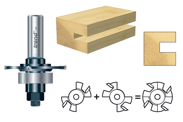 Slotting and grooving router cutter that comes in two halves and can be assembled with shims or spacers