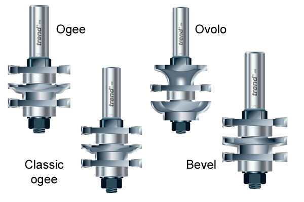 Ogee, classic ogee, ovolo and bevel profile scriber router cutter easysets