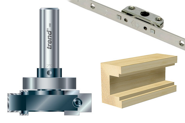 A Rota-tip espagnolette cutter and an example of the shape of groove it creates in a wooden workpiece