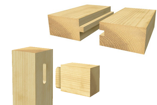 Examples of mortise and tenon joints between pieces of wood  
