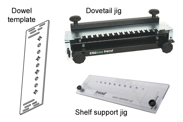 A selection of templates and jigs that can be used with dowel drill router cutters
