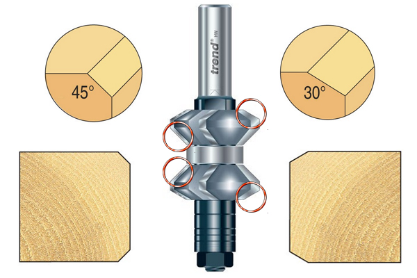 Two different angles of chamfer that can be created by slotting and grooving router cutters