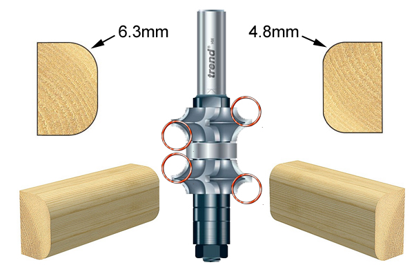 Image showing that rounding over slotting and grooving router cutter sets can be set up to produce two radii of different sizes