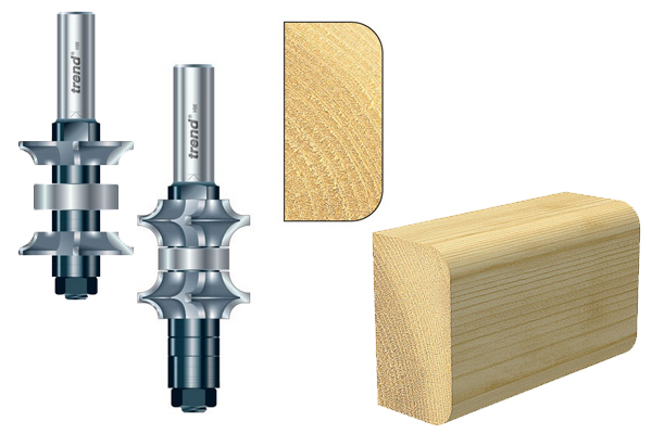 Rounding over router cutter sets and an example of the shape that they create on a workpiece