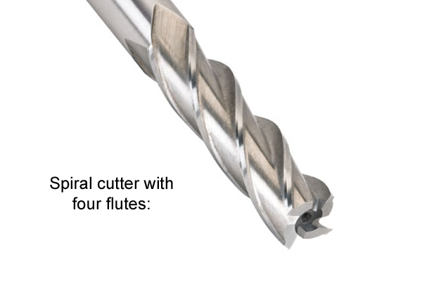 A spiral router cutter with four flutes
